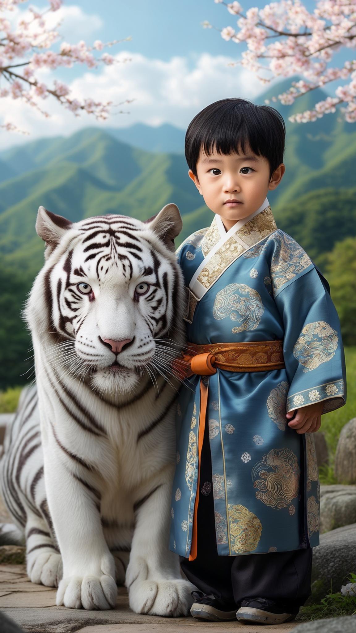 AI Image Generated by Luma Photon: 3-year-old Korean boy wearing a traditional hanbok, standing confidently next to a majestic white tiger. The boy has short black hair, bright eyes, and a curious expression. The background features a beautiful Korean landscape with cherry blossoms and mountains. depict the boy and the tiger realistically. 