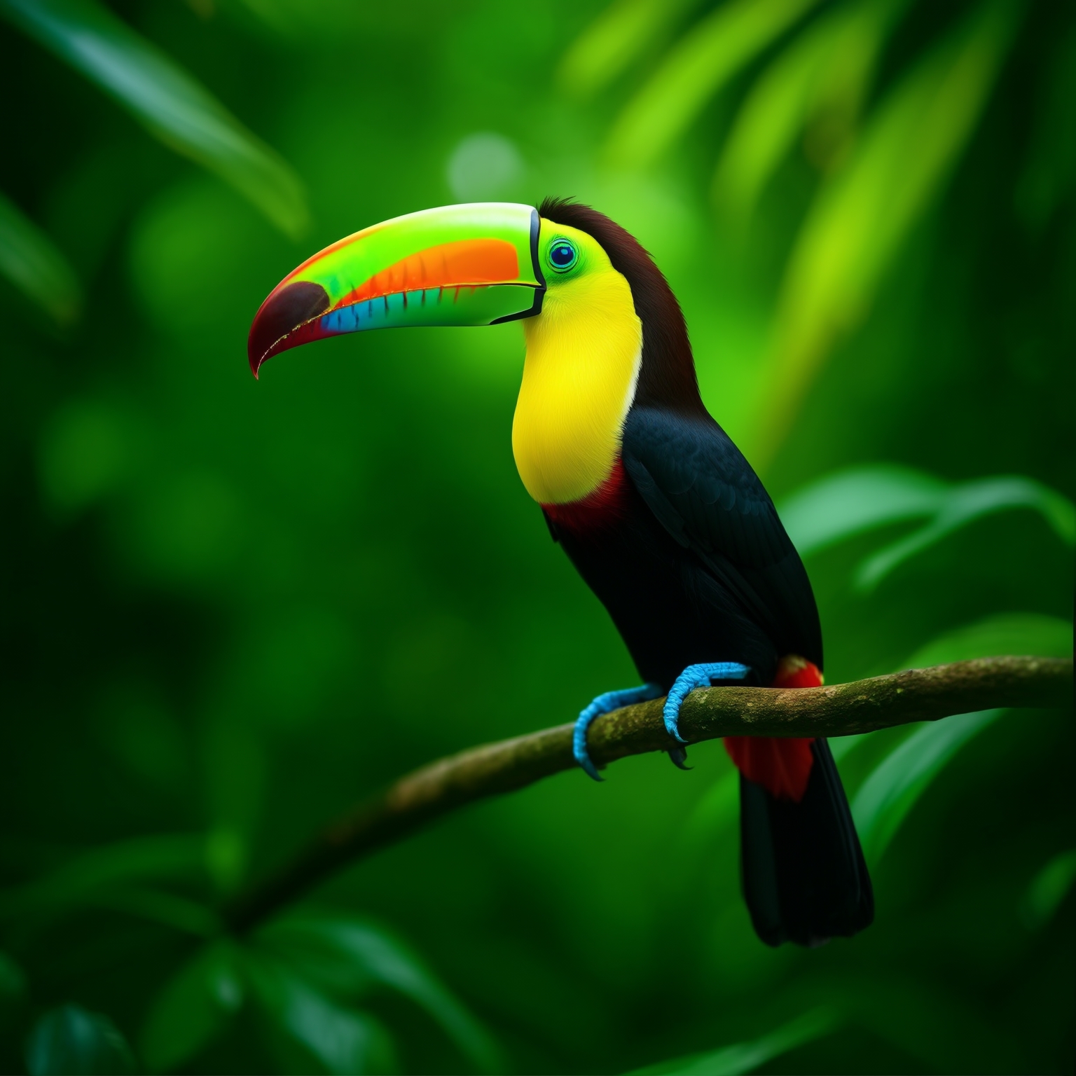 AI Image Generated by Luma Photon: Colorful toucan perched on a branch surrounded by lush green tropical foliage, with soft natural lighting highlighting its vibrant plumage.