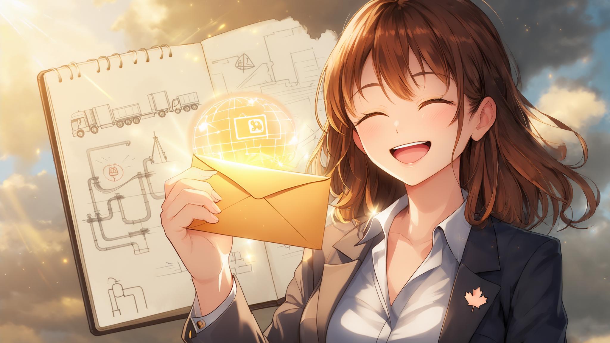 AI Image Generated by Luma Photon: Anime-style illustration capturing a joyful moment of relief and achievement. At its center is a cheerful young woman with warm brown hair falling gently to her chest, framing a radiant, smiling face with eyes closed in contentment. She's rather short, dressed in casual business attire—a relaxed blazer, comfortable blouse, and pants or skirt, balancing professionalism with a relaxed vibe. Rays of golden sunlight break through clearing storm clouds, symbolizing the easing of past struggles as she gently holds a glowing envelope representing a long-awaited and important raise. Subtle hints in her surroundings lightly suggest her connection to Canada and oil and gas logistics: perhaps a small maple leaf pin on her blazer or faint, discreet sketches of logistics symbols or pipelines on a notebook she's holding. The overall scene emphasizes warmth, optimism, and a sense of long-overdue recognition and relief.