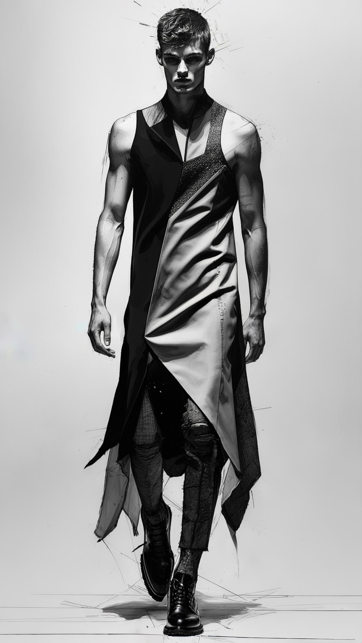 AI Image Generated by Luma Photon: Men's fashion sketch, asymmetrical dress 