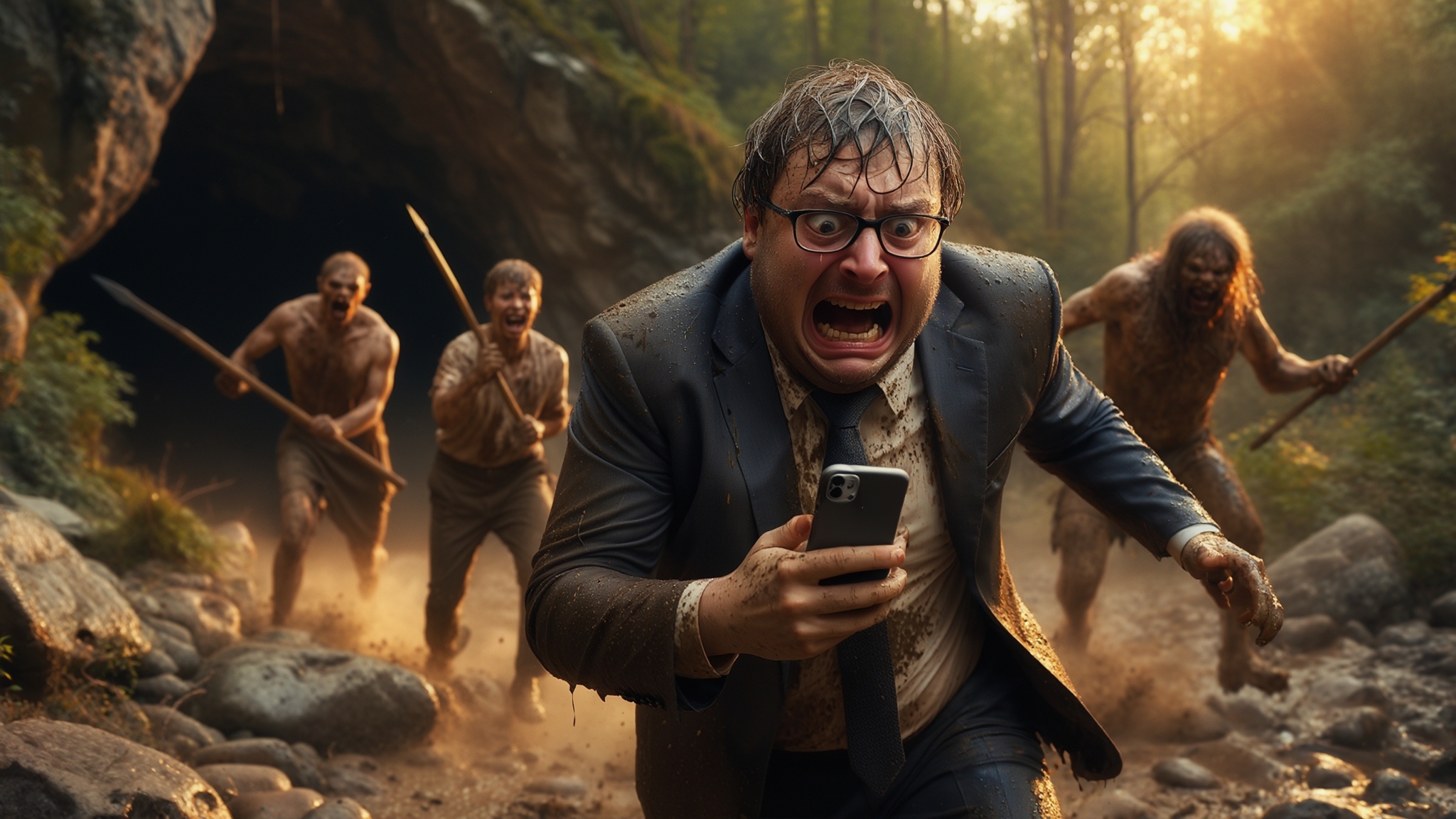 AI Image Generated by Luma Photon: Photorealistic cinematic photograph, intense dynamic motion blur, chaotic Stone Age chase scene. Garik Kharlamov with a chubby face and glasses, **sweating, his face contorted in terror**, a disheveled businessman in a muddy, torn modern suit, desperately clutches a cracked smartphone, **his eyes wide with panic**, fleeing through a rocky, overgrown forest from three menacing European primitive tribesmen with crude spears and clubs.  **The entrance to a dark, damp cave looms in the background, partially obscured by dense foliage.**  Warm, directional golden-hour light **casts long, dramatic shadows, highlighting the texture of the rocks and the dust kicked up by their feet.**  Shot with an anamorphic lens, **shallow depth of field (f/1.8), focusing on Kharlamov's face, with the background slightly blurred.**  **Captured on a high-resolution medium format camera (e.g., Hasselblad),** 8K resolution, **detailed skin texture, visible strands of Kharlamov's hair flying in the wind, realistic rendering of sweat and dirt.**