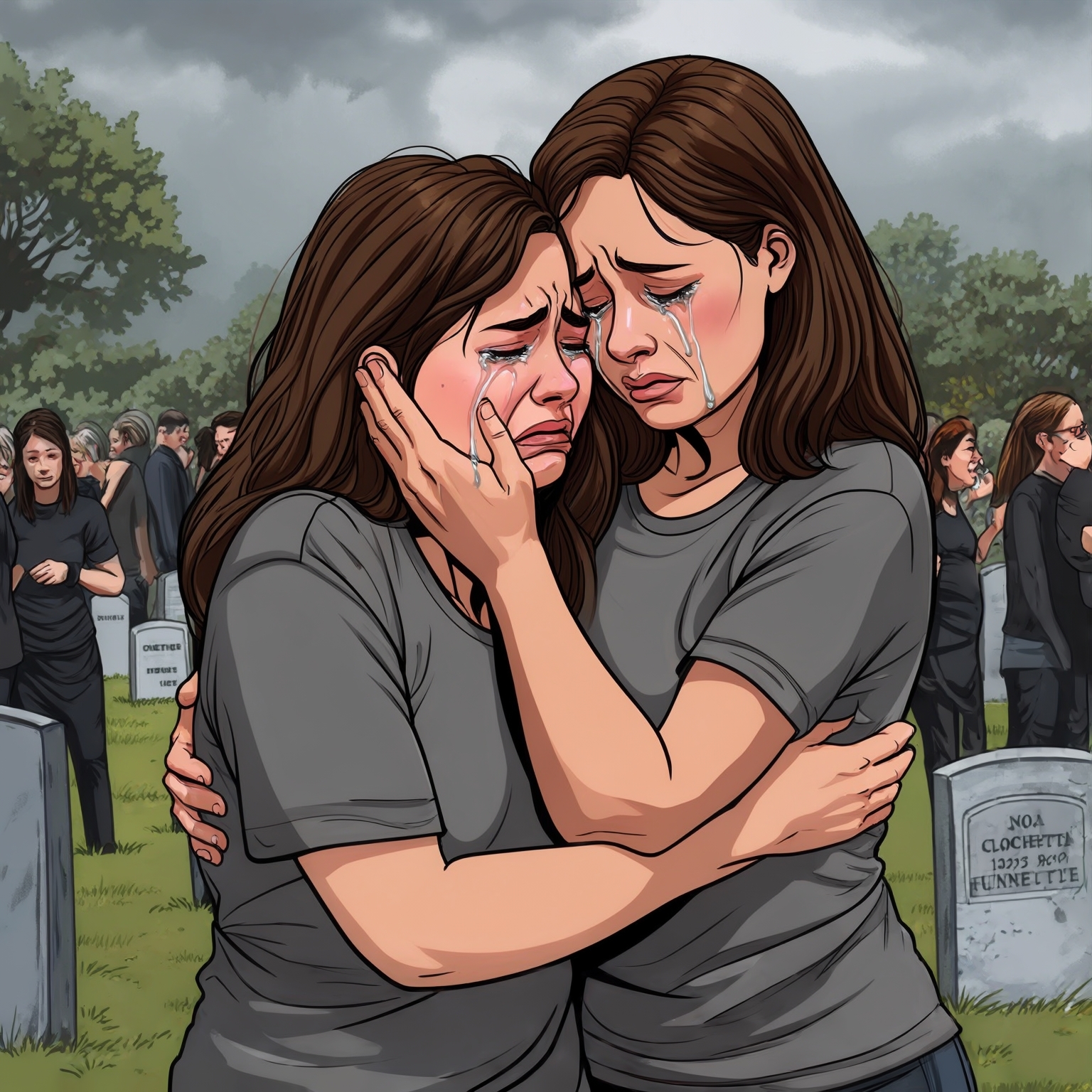 AI Image Generated by Luma Photon: Deux Lesbiennes Noa en t-shirt gris et clochette en t-shirt gris câliner dans Les bras de Noa rassurer clochette beaucoup pleuré éclaté en sanglots pour le funerailles au cimetière de c'est parents tout le monde pleuré styles drawing Disney