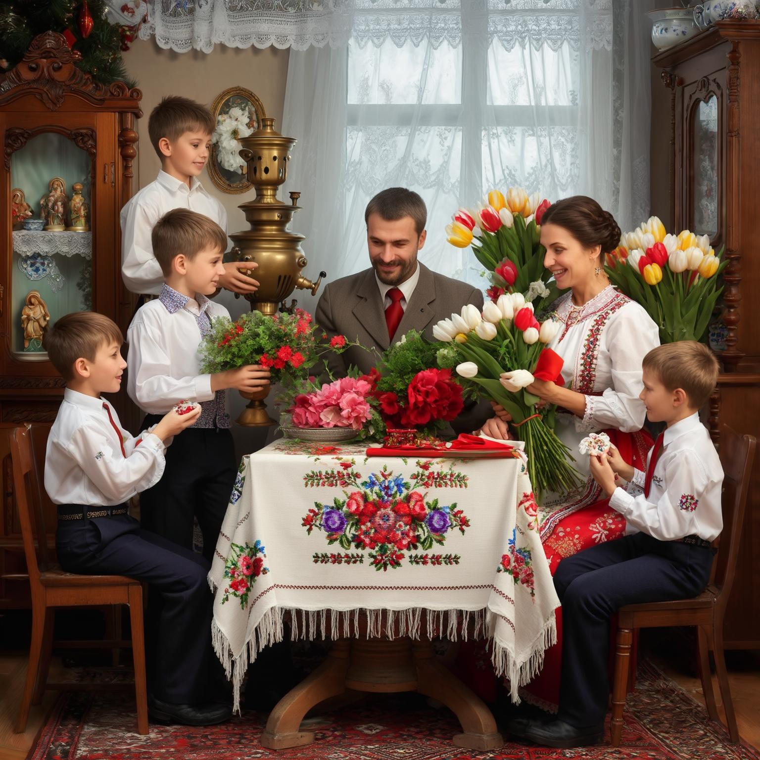 AI Image Generated by Luma Photon: little boys and men congratulate a woman on March 8th in Russian style