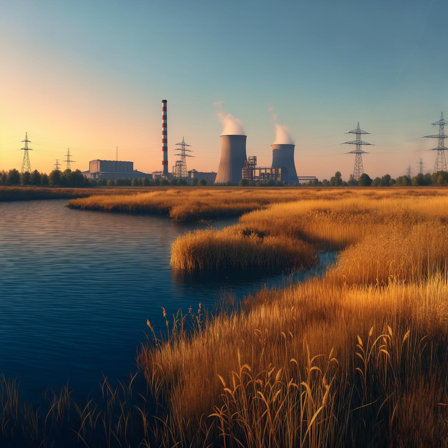 AI Image Generated by Luma Photon: Ultra-realistic wide-angle landscape at golden hour. Left half: a calm deep-blue lake with gentle ripples, bordered by irregular patches of ochre reeds. Right half: an endless steppe of tall sun-baked grasses in layered gold, wheat, and light sienna. On the distant horizon rises a detailed industrial complex: one tall striped smokestack, two concrete cooling towers releasing faint steam, several low metallic factory halls, and a row of steel lattice transmission towers stretching across. Warm sunset light bathes the scene, sky in smooth gradient from peach near the horizon to clear cerulean blue above, streaked with delicate wispy cirrus clouds. Photorealistic, high dynamic range, 8-K resolution, serene atmosphere, minimalistic foreground.