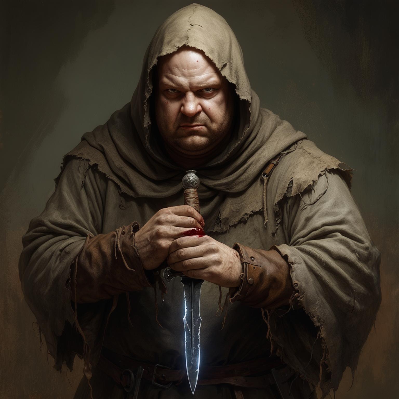 AI Image Generated by Luma Photon: realistic portrait of a medieval figure, in a hood, bald without beard, fat but not obese, a thief. in his hands he has a dagger with poison