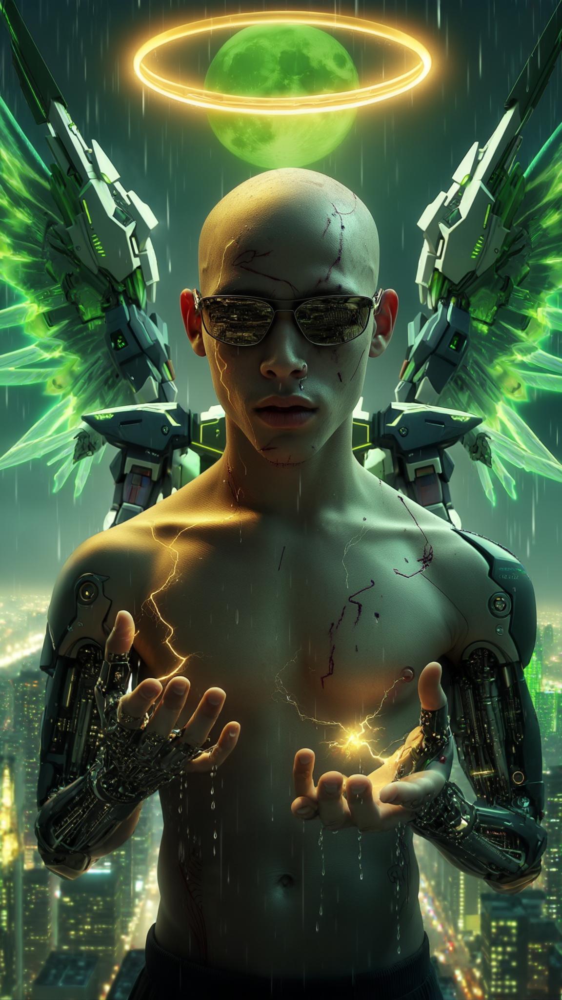 AI Image Generated by Luma Photon: A cinematic close-up captures a bald Dominican young man standing motionless in the heart of a sprawling futuristic cityscape. The golden glow of a floating halo above his head softly illuminates his cybernetically enhanced face, highlighting deep scars that tell a story of survival. His sleek sunglasses rest low on his nose, revealing sharp, contemplative eyes as he gazes into his open palm. Raindrops sizzle against his cybernetic fingers, steam rising as faint arcs of electricity dance across his metallic limbs. His massive Gundam-style mecha wings remain folded behind him, pulsating with neon green energy, their intricate mechanisms subtly shifting with each breath he takes. The city hums around him—ships patrol the sky, their distant lights flickering in the reflection of his palm. The camera lingers on the moment, capturing every detail in hyper-realistic 8K with Unreal Engine-quality visuals. The neon skyline pulses in slow rhythm, a hypnotic dance of color and light, while a massive green moon looms overhead, casting an ethereal glow across the scene. The world seems to pause with him, the weight of destiny resting in his grasp.