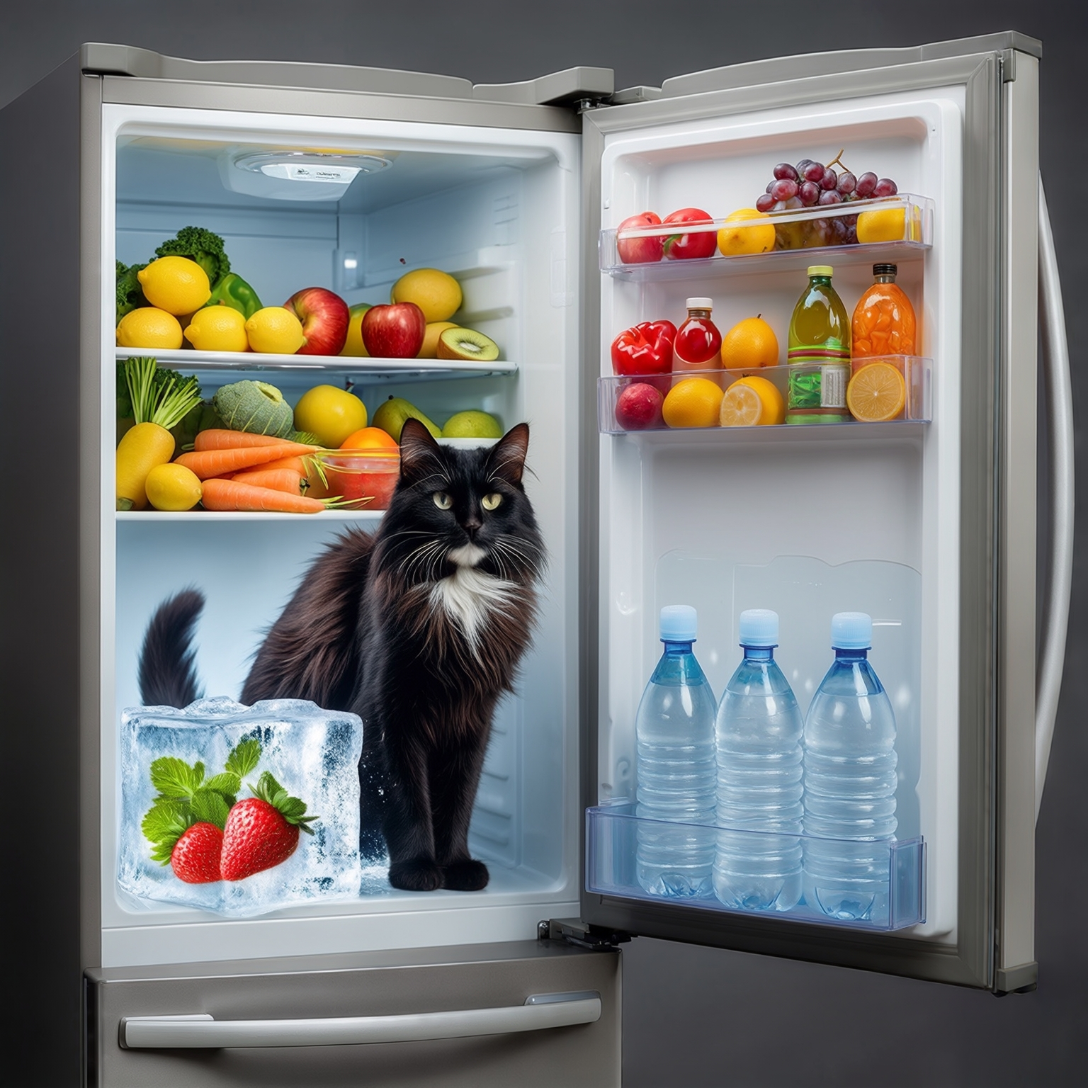 AI Image Generated by Luma Photon: Créez une image style réaliste d'un réfrigérateur dont la porte est largement ouverte, afin de mettre en valeur un assortiment coloré et appétissant de fruits et légumes. Assurez-vous d'inclure des citrons, des carottes et des pommes, ainsi que plusieurs bouteilles d'eau disposées de manière attrayante. Sur l'étagère inférieure, placez un bloc de glace bien visible, à l'intérieur duquel se trouve un chat noir aux poils longs avec un menton blanc, semblant être emprisonné. L'illustration doit capturer une ambiance à la fois ludique et surprenante, en mettant en avant les détails des aliments et du chat dans le bloc de glace. Veuillez structurer l'image de manière à ce que le réfrigérateur soit le point focal, tout en s'assurant que chaque élément soit clairement identifiable et bien intégré dans la composition.
