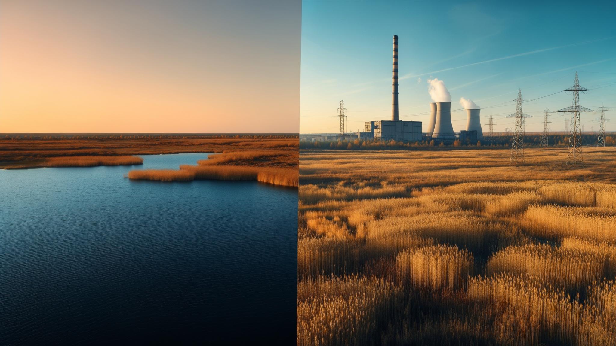 AI Image Generated by Luma Photon: Ultra-realistic wide-angle bird’s-eye view landscape at golden hour. Left half: a calm deep-blue lake with gentle ripples, bordered by irregular patches of ochre reeds. Right half: an endless steppe of tall sun-baked grasses in layered gold, wheat, and light sienna. On the distant horizon rises a detailed industrial complex: one tall striped smokestack, two concrete cooling towers releasing faint steam, several low metallic factory halls, and a row of steel lattice transmission towers stretching across. Warm sunset light bathes the scene, sky in smooth gradient from peach near the horizon to clear cerulean blue above, streaked with delicate wispy cirrus clouds. Photorealistic, high dynamic range, 8-K resolution, serene atmosphere, minimalistic foreground.