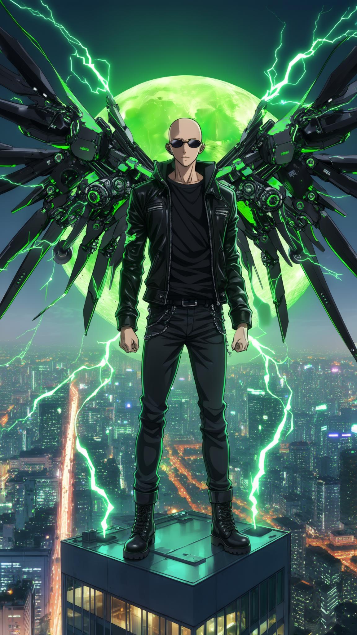 AI Image Generated by Luma Photon: In an anime style, a bald Dominican young man stands atop a towering skyscraper in a sprawling futuristic cityscape, the neon glow of cybernetic advancements illuminating the skyline. He wears a black leather jacket, black jeans, and heavy black boots, his stance unwavering against the pre-dawn breeze. His sleek sunglasses reflect the distant shimmer of autonomous drones patrolling the metropolis. Attached to his back are two massive cybernetic mecha wings, colored in sleek black and vibrant green, their intricate mechanisms pulsating with energy. Electricity crackles around his wings, arcing across his enhanced frame like a living storm, showcasing the raw power of his cybernetic augmentations. Neon lights are pulsating throughout the city below. A big green moon directly behind subject.