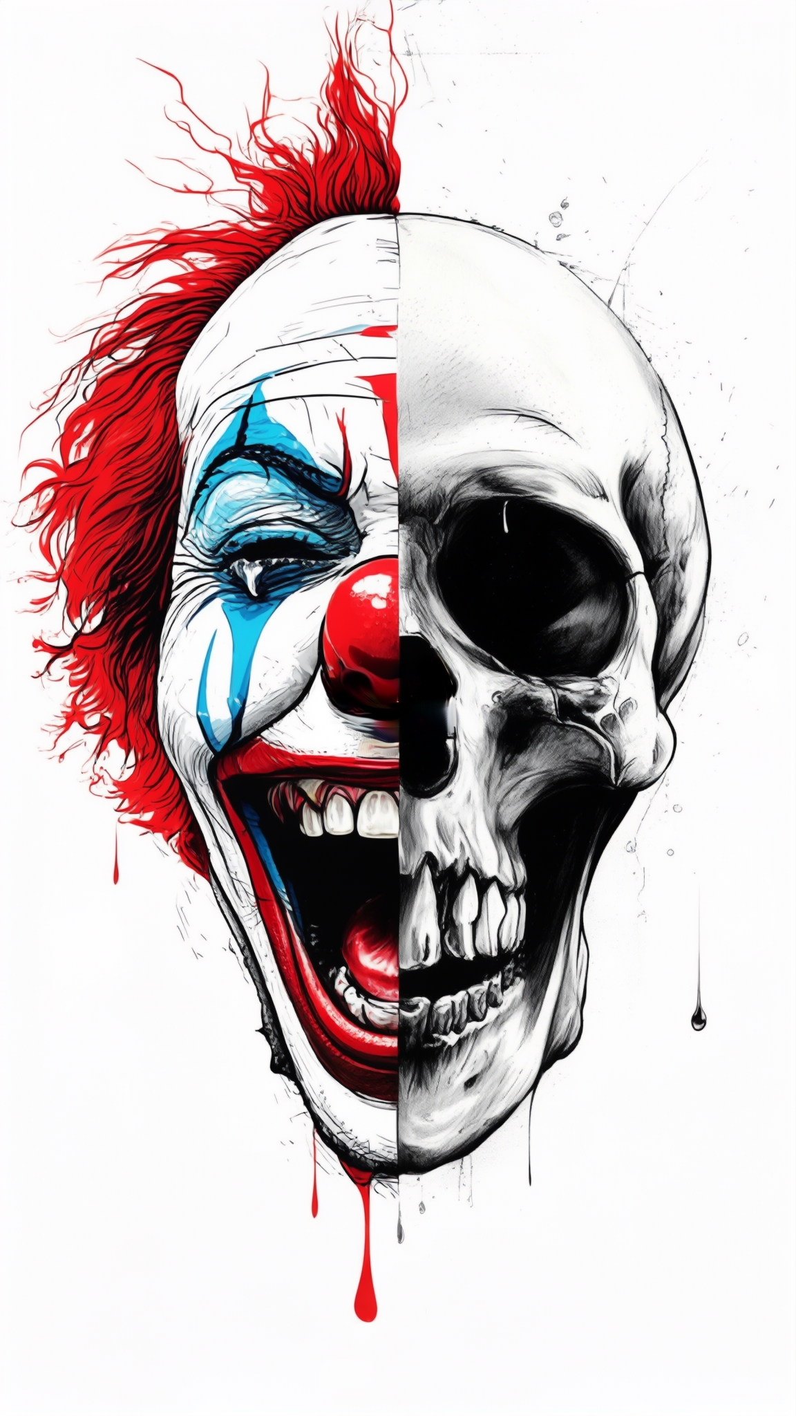 AI Image Generated by Luma Photon: A clown face or skull with laughing and crying expressions, paired with the phrase “Laugh Now, Cry Later.”, Change black background to white background, Please remove the lettering, The background is all white