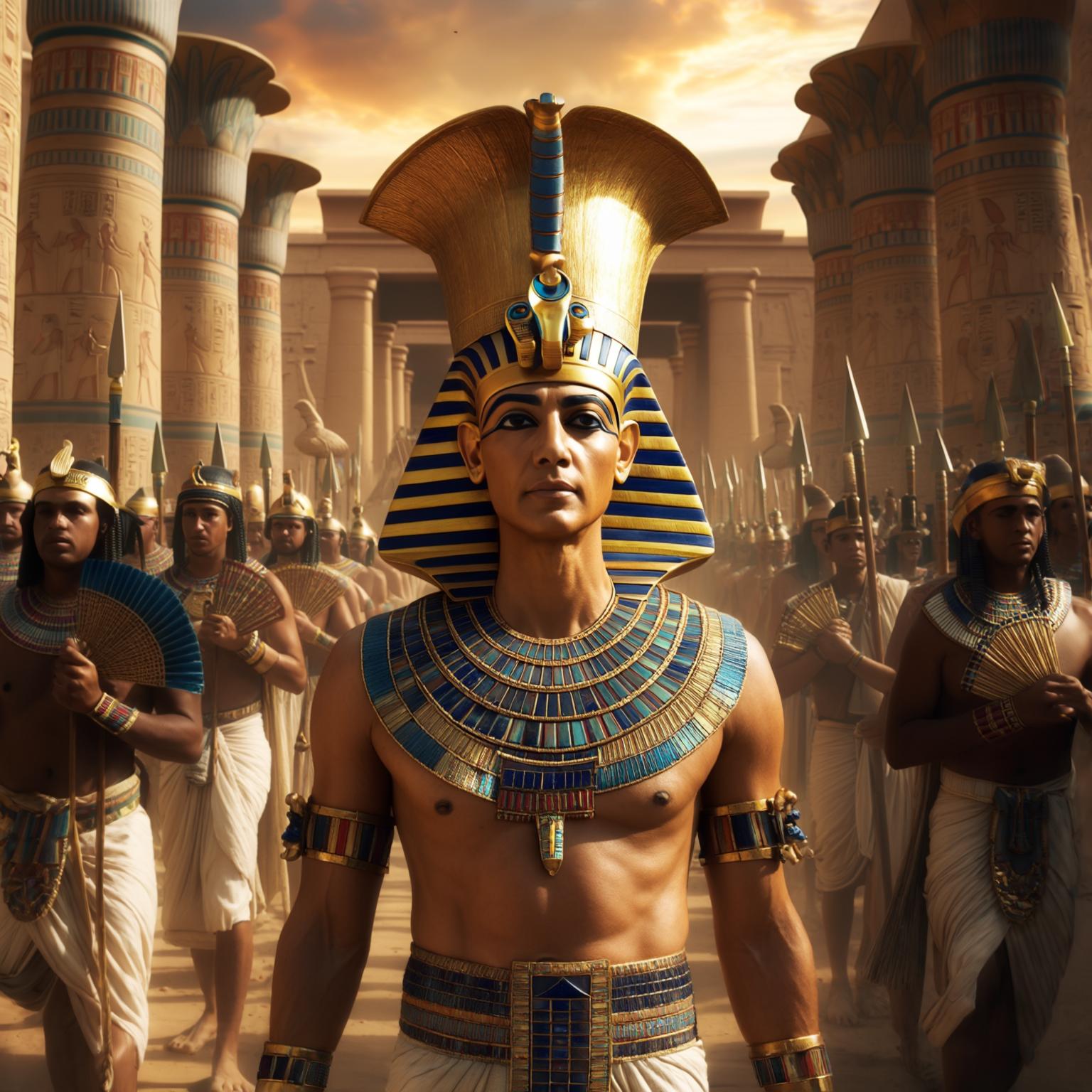 AI Image Generated by Luma Photon: Craft a richly detailed image depicting an ancient Egyptian royal procession. The scene features a dignified pharaoh adorned in elaborate ceremonial headdress and jewelry, accompanied by attendants in traditional garb. In the background, grand architecture adorned with intricate hieroglyphs and temple columns set the stage. The environment should be bathed in warm, earthy tones with a dramatic desert backdrop, capturing the essence of ancient Egyptian imperial splendor