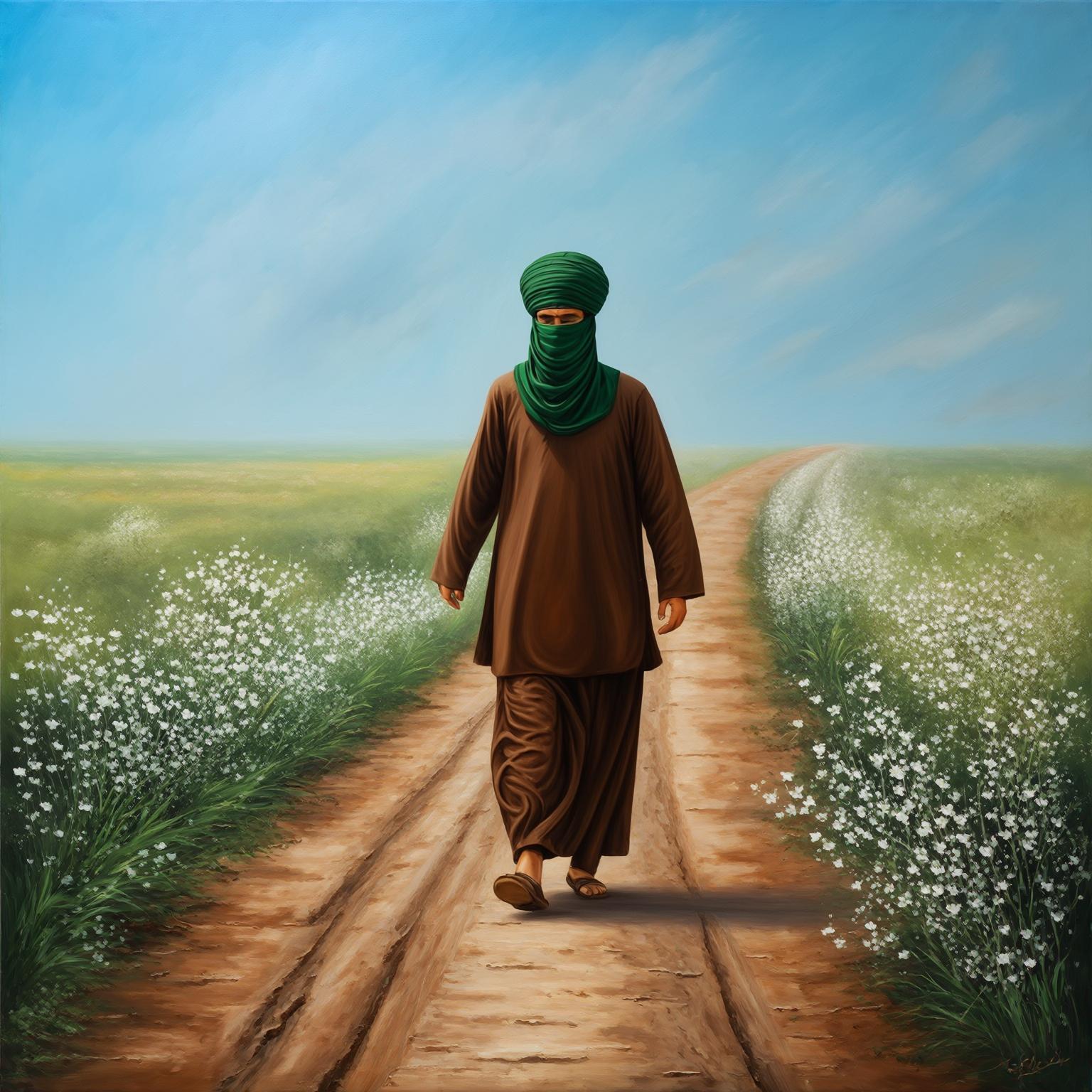 AI Image Generated by Luma Photon: Oil painting of a Shiite imam wearing a green turban and brown clothes, walking in the middle of a mud road surrounded by white flowers, a blue sky in the background.
