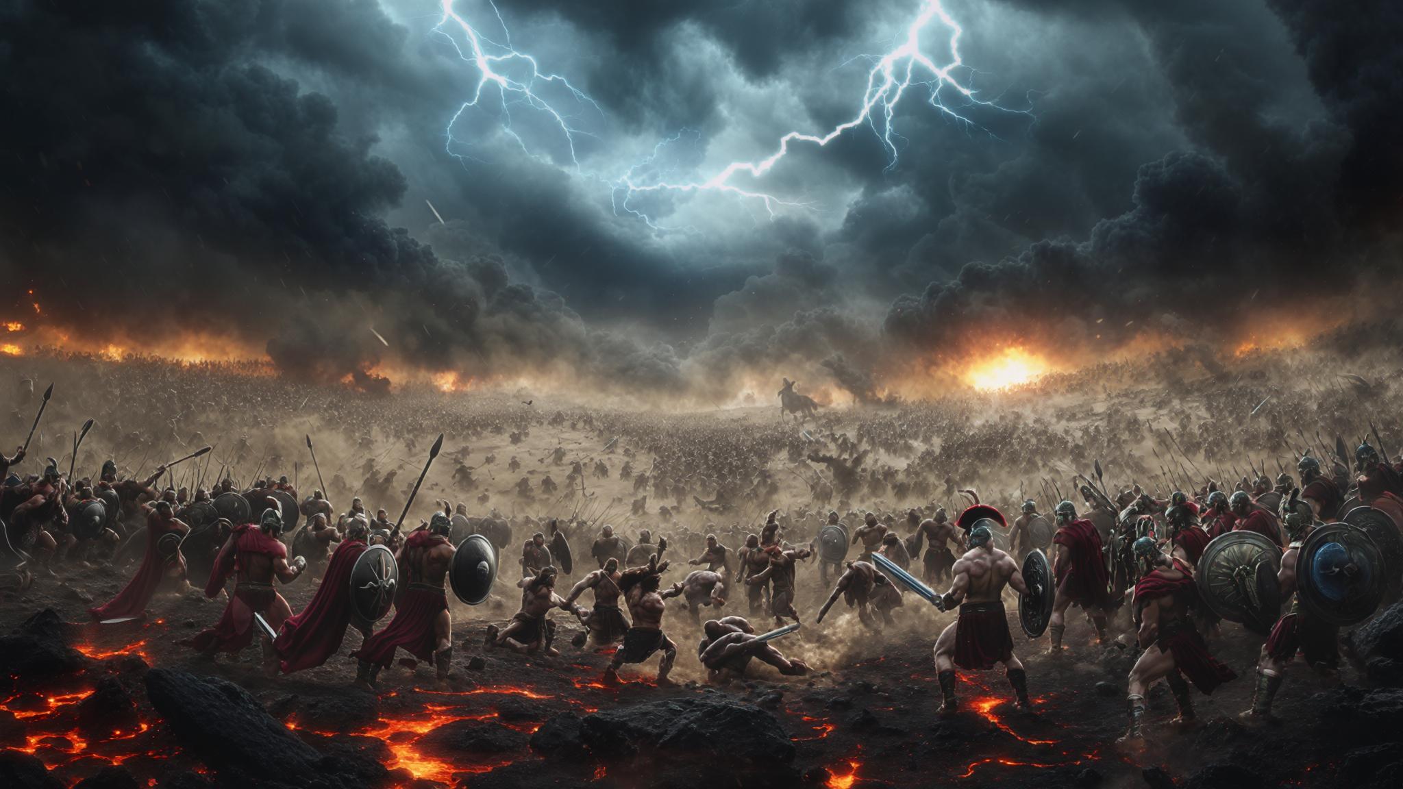 AI Image Generated by Luma Photon: A vast, war-torn landscape under a darkened sky, filled with towering Olympian and Titan warriors locked in battle. The cracked earth smolders with lava fissures, while storm clouds churn above, illuminated by bursts of divine lightning. I The air is thick with swirling dust, shattered weapons, and echoes of war cries. A sense of apocalyptic chaos dominates the scene, as divine energy and dark Titan magic collide in an epic confrontation."