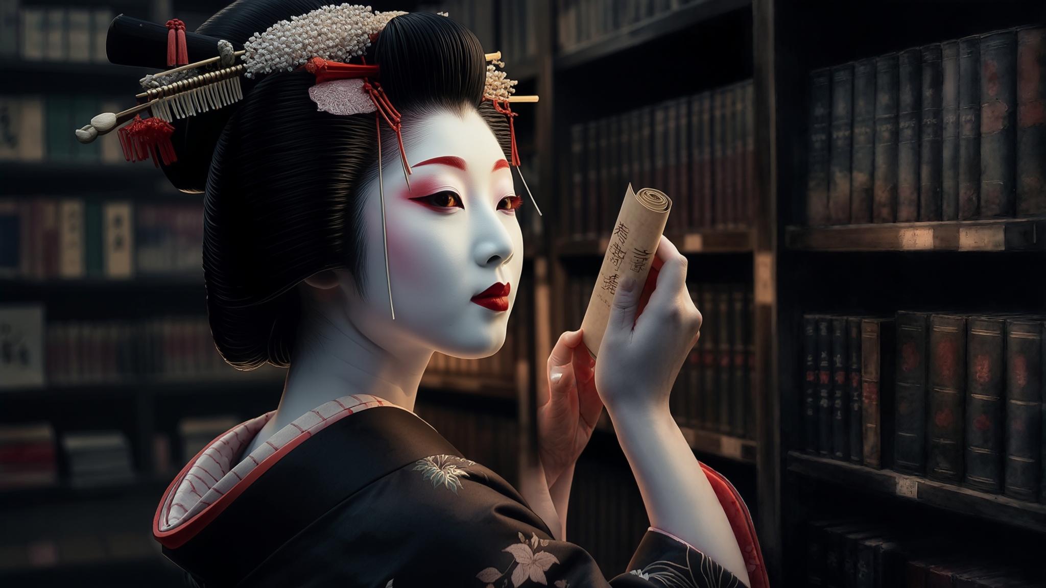 AI Image Generated by Luma Photon: Japan, second half of the 19th century. The Boshin War is underway. The Geisha school in Kyoto. Library scene. Close up view of a geisha's hand holding a rolled scroll. In the background there are shelves with books. Watercolor style, all objects in dark tones. For some parts use colors: #92011A, #3D6E3E, #013857, #FFE0DF